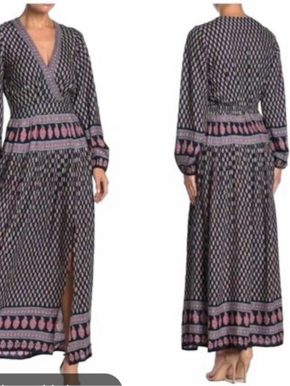 Anthropologie RAGA Black Maxi Dress with Pink Border Print